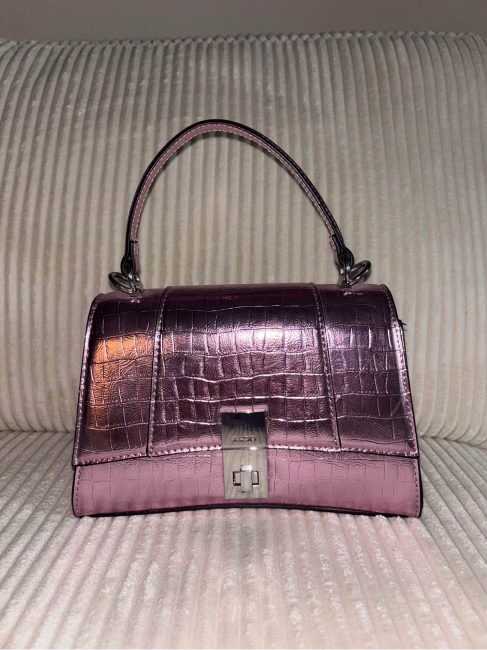 Metallic Croc-Embossed Top Handle Bag in Pink/Purple Metallic